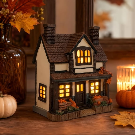 Vintage Light-Up Pumpkins Cottage - Fall Decorative Village House Figurine with Warm LED Light, Retro Pumpkin House Decor for Autumn Harvest Thanksgiving Halloween Tabletop Mantel Display