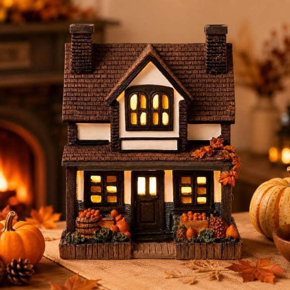 Vintage Light-Up Pumpkins Cottage, Halloween Village Houses Resin 7.5 Inch - Light Up Pumpkin Lamp for Halloween Mantel Decor & Fall Village