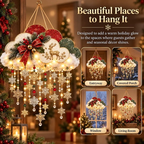 Vintage Lighted Christmas Decorations Snow Fall Cloud Hanging Ornament Warm White LED Lights Snowflake Reindeer For Front Door Window Porch