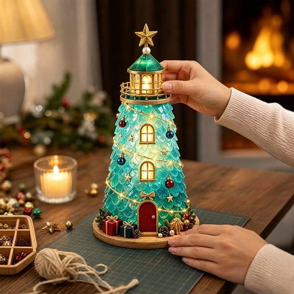 Vintage Lighted Christmas Lighthouse Figurine Set with Sea Glass Style Look, LED Tabletop Ornament for Mantel, Shelf, Window and Seasonal Home Decor, Winter Home Display