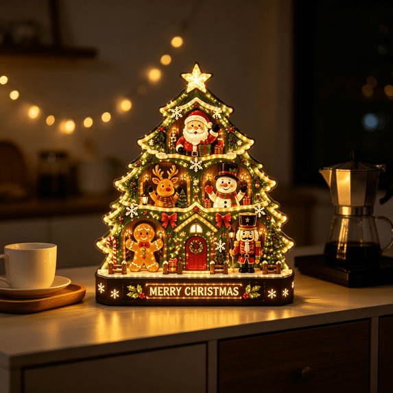 Vintage Lighted Christmas Tabletop Night Light Warm LED Holiday Decor, Christmas Desk Lamp for Mantel Shelf Bedroom and Festive Gift