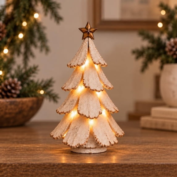 Led Panel Christmas Tree Vintage Lighted Christmas Tree Figurine, Layered Rustic Design Warm LED ...