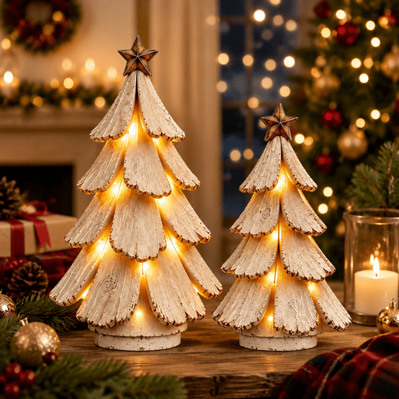 Vintage Lighted Christmas Tree Figurine, Mini Tabletop Centerpiece with Glowing LED Lights, Festive Holiday Decor for Indoor Home