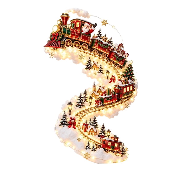 Vintage Lighted Christmas Wall Decoration with a Santa Train on a Snowy Track, Cascading LED Hanging Pendant with Soft Snow Look Clusters for Hallway and Entryway Decor (Red Green)