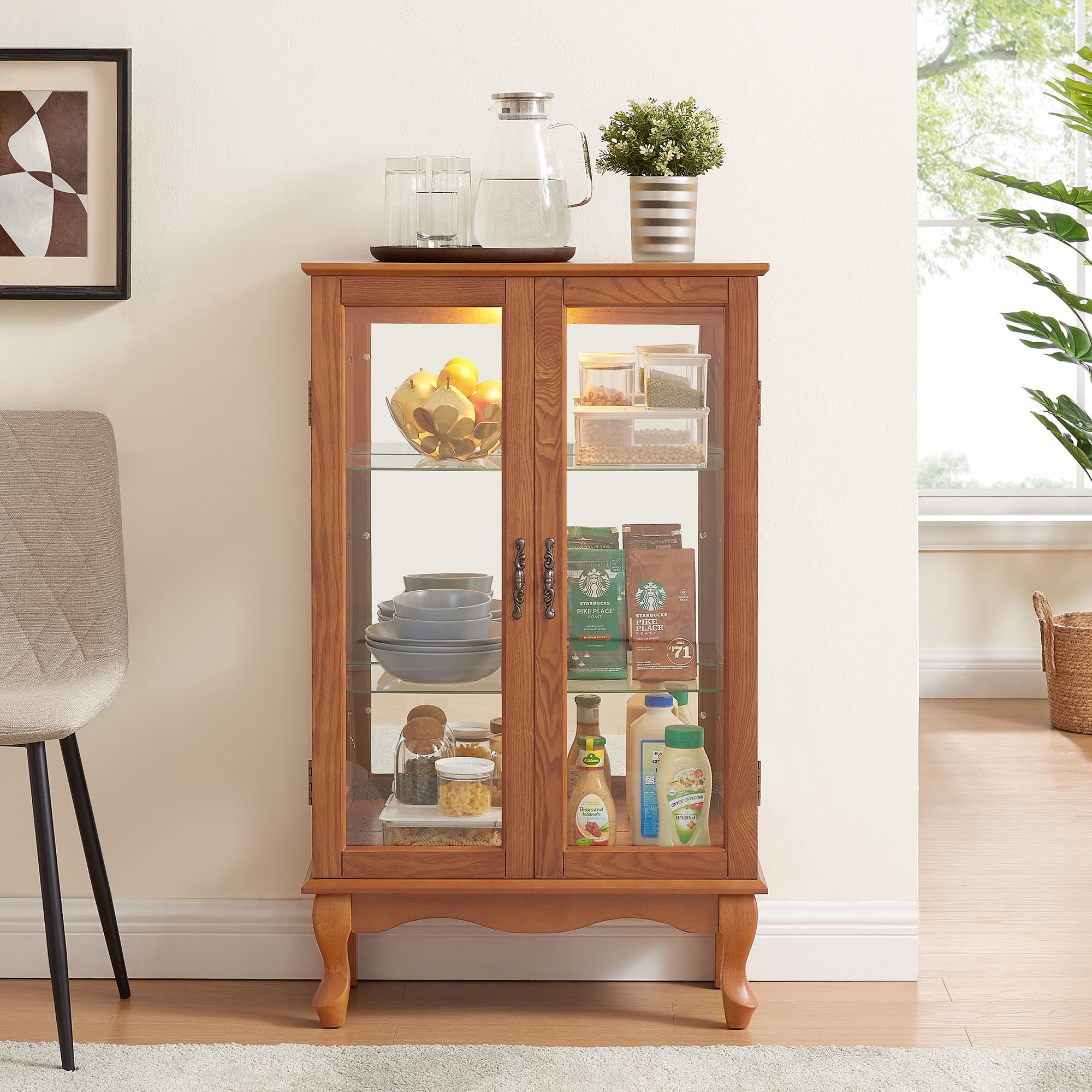 Vintage Lighted Curio Cabinet with Mirrored Back Tempered Glass Doors 3 Tier Storage Display Cabinet Adjustable Shelves Home Office Showcase Oak