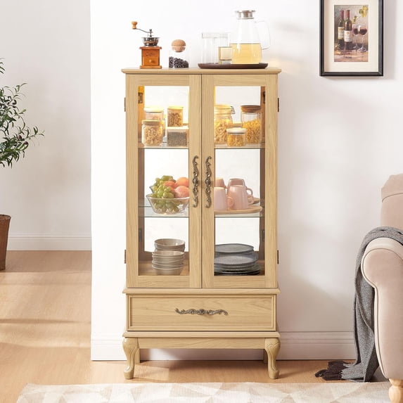 Vintage Lighted Curio Storage Cabinet with 1 Drawer, Mirrored Back & Tempered Glass Doors, 3 Tier Storage Display Cabinet Adjustable Shelves Home Office Showcase,Natural