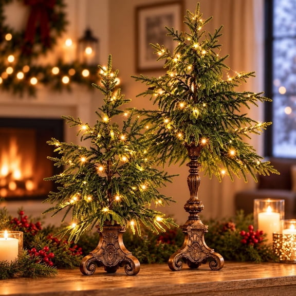 Vintage Lighted Norfolk Pine Trees, Norfolk Pine Christmas Tree with Warm White LED Lights, Battery Operated Tabletop Holiday Decor with Remote Control