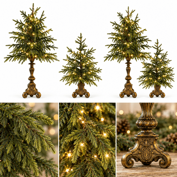 Vintage Lighted Norfolk Pine Trees, Warm White Holiday Evergreen Decor ...