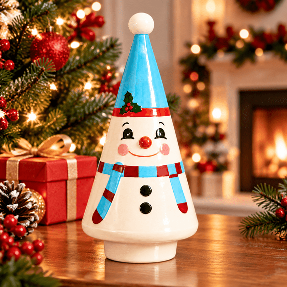 Vintage Lighted Snowman Tree Figurine - 7.87 in Resin Tabletop Christmas Decor, Battery Operated Retro Snowman Statue for Holiday Mantle Shelf Home Party