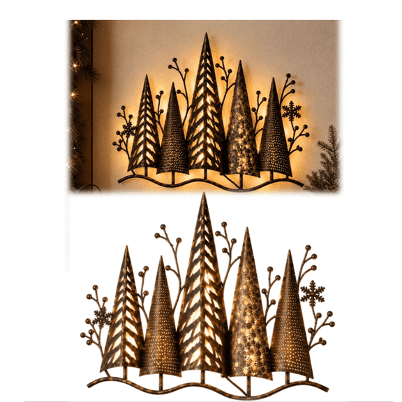 Vintage Lighted Woodland Metal Wall Decor, Illuminated Winter Forest Pine Wall Sculpture, Rustic Cabin Style Hanging Art for Christmas Home Accent