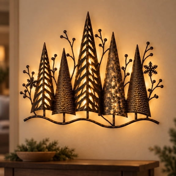 Vintage Lighted Woodland Metal Wall Decor, Rustic Cabin Log Forest Tree, Pine Christmas Winter Decor for Home and Family