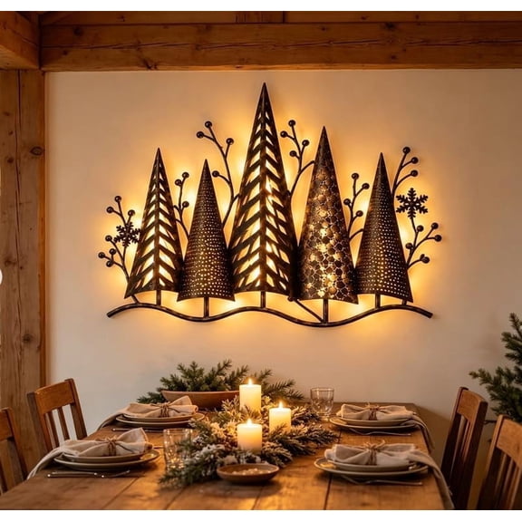 Vintage Lighted Woodland Metal Wall Decor, Warm White LED Pine Tree Wall Art, Rustic Farmhouse Holiday Wall Hanging, Christmas & Winter Decor, Indoor Cabin Wall Sculpture Gift