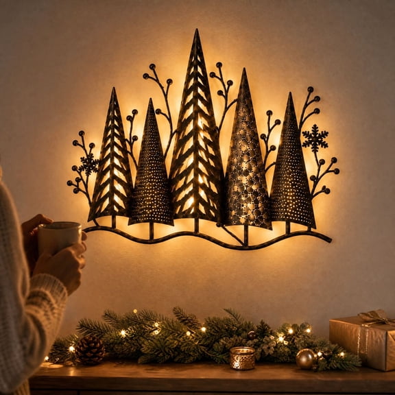 Vintage Lighted Woodland Wall Decor, Rustic Christmas Tree Wall Art with Lights for Indoor Holiday Display