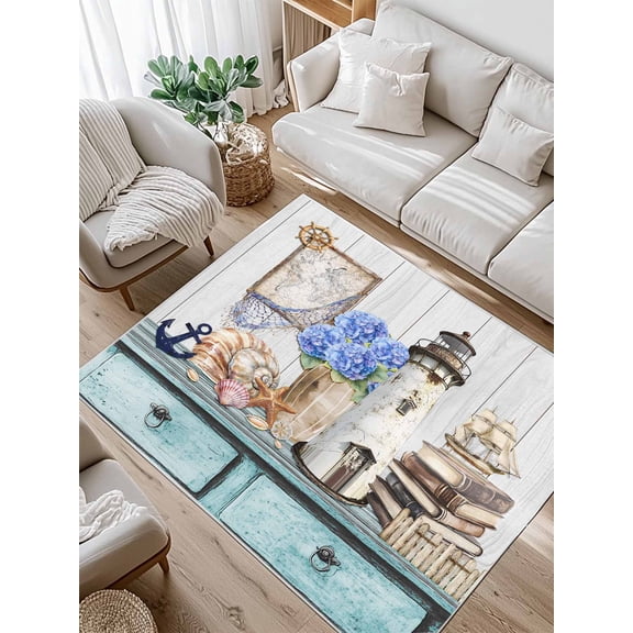 Vintage Lighthouse Area Rug for Bedroom 5x7 Ft Anchor Book Map Hydrangea Starfish Shell Super Soft fuzzy Throw Rug Non-Slip Fluffy Plush Indoor Floor Carpet for Living Room Nursery Home Decor