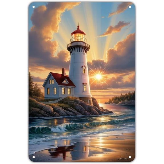 Vintage Lighthouse Beach Seascape Metal Tin Sign, Coastal Wall Art for Garden, Yard, Porch, Bar, Home, Bedroom, Kitchen Decor, 8 x 12 Inch