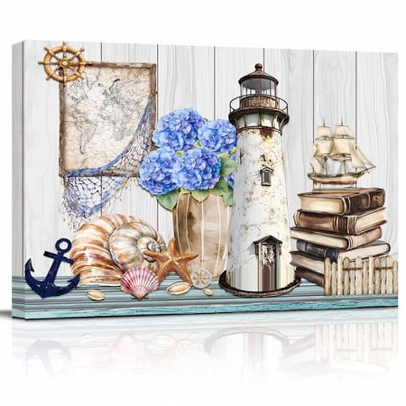 Vintage Lighthouse Canvas Print Wall Art Anchor Book Map Hydrangea Starfish Shell Pictures Painting Morden Artwork for Living Room Bedroom, Ready to Hang - 12"x16"