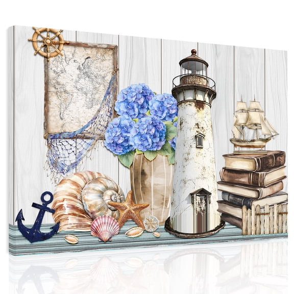 Vintage Lighthouse Canvas Print Wall Art, Anchor Book Map Hydrangea Starfish Shell Wall Decor Modern Artwork Paintings Pictures for Living Room Framed and Stretched Ready to Hang, 20" x 24"