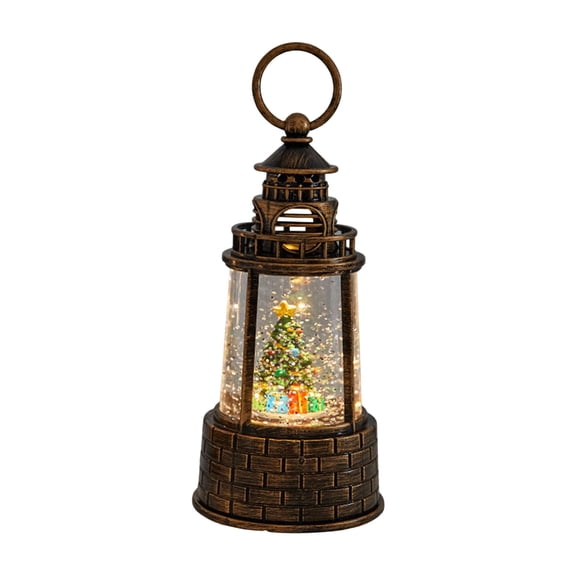Vintage Lighthouse Christmas Snow Globe Lantern, Water Filled LED Glowing Ornament with Floating Snow, Light Up Winter Scene Decor for Desktop Window Indoor Christmas Decoration