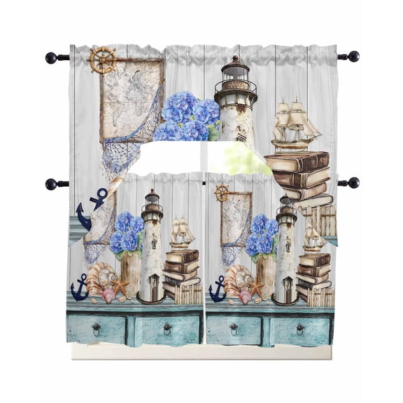 Vintage Lighthouse Coastal Kitchen Curtains Swag Valance and Tier Curtains Set 24 Inch Length, Nautical Ocean Sea Retro Art Rod Pocket Drape Panels Pair Swag Curtain for Bathroom/Cafe/Window