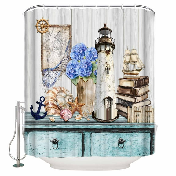 Vintage Lighthouse Coastal Shower Curtains for Bathroom Waterproof Fabric Bath Curtains Decor Bath Tub Curtain Nautical Ocean Sea Retro Art Decorative Shower Curtain Sets with 12 Hooks, 72x72 Inch