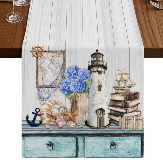 Vintage Lighthouse Coastal Table Runner 90 Inches Long,Nautical Ocean Sea Retro Art Cotton Linen Table Runners Dresser Scarves,Fabric Tabletop Scarf Furniture Cover for Home Dinner Party 13"x90"