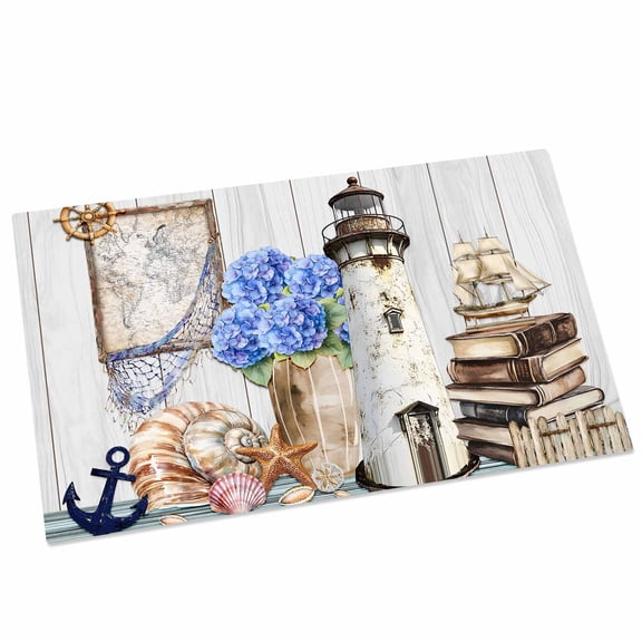 Vintage Lighthouse Door Mat 16x24 Inch Anchor Book Map Hydrangea Starfish Shell Entryway Rug with Non-Slip Rubber, Front Door Rug Indoor Floor Mats for Living Room Bathroom Bedroom Home Office