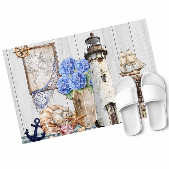 Vintage Lighthouse Door Mat Anchor Book Map Hydrangea Non Slip Absorbent Entrance Mat Washable Low Profile Indoor Doormat for Front Door Entryway Entry 16"x24"