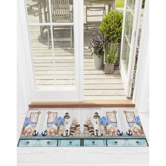 Vintage Lighthouse Front Door Mat Anchor Book Map Hydrangea Starfish Shell Welcome Doormat Indoor Outdoor Entrance Floor Mat Non-Slip Washable Runner Rug for Front Porch Decor 18x60 Inch