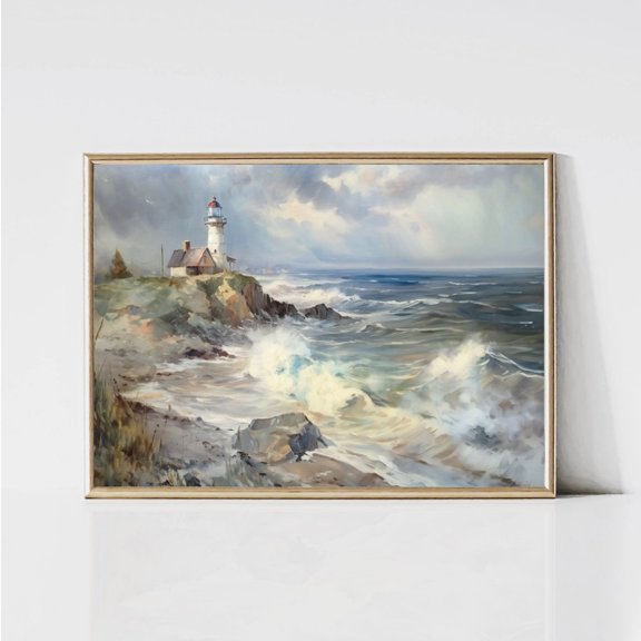 Vintage Lighthouse Landscape Moody Coastal Seascape Print Clouds And Waves Beach House Wall Art
