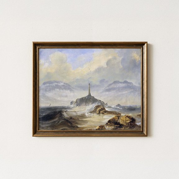 Vintage Lighthouse Seascape Moody Coastal Antique Farmhouse Decor