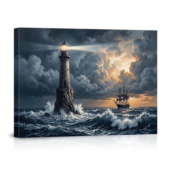 Vintage Lighthouse Wall Art Stormy Ocean Art Nautical Maritime Decor Tall Ship Seascape Print For Living Room Office Wall, Unframed Paper Print