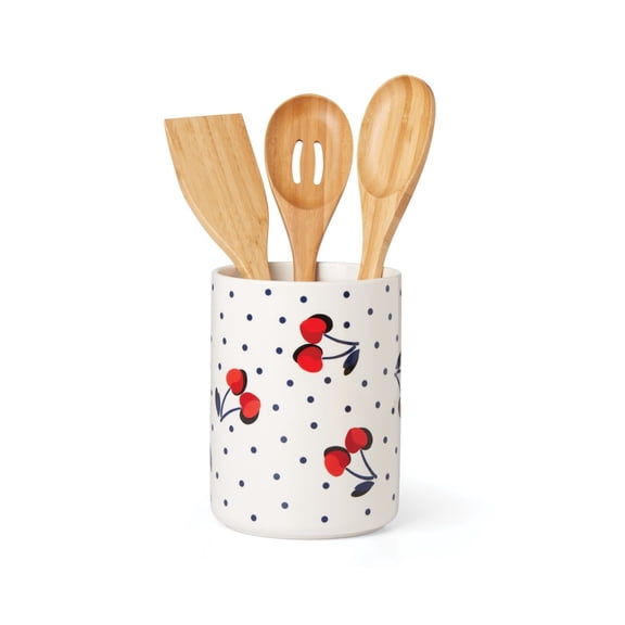 Vintage-Like Cherry Dot Utensil Crock Set with 3 Wooden Utensils, 4 Piece