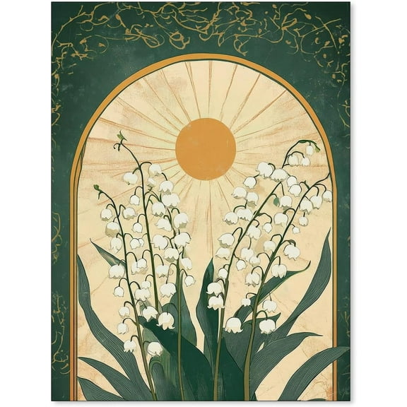 Vintage Lily of The Valley Wall Art Green Flowery Poster Sun Botanical Canvas Prints Mystical Folk Art for Home Bedroom Dorm Gallery Decor 12x16in Unframed