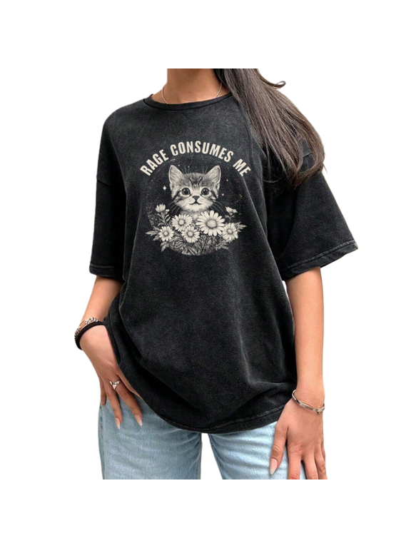 Vintage Line Art Kitten Quote Black Washed Print Tshirt Graphic Tees Shirts S-2XL Tops