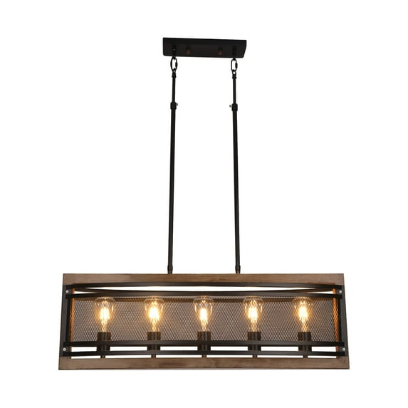 Vintage Linear Chandelier,5-Light Kitchen Island Ceilling Light Fixture Pendant Light with Rectangular Wood Grain Frame