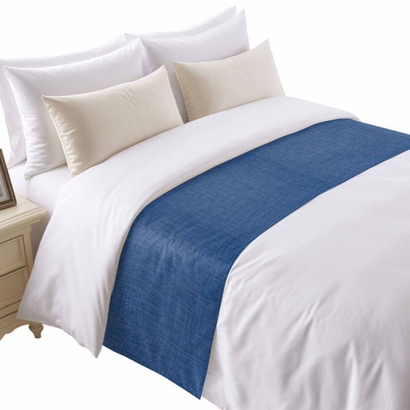 Vintage Linen Bed Runner for Queen Size Bed, Pastoral Navy Blue Linen Texture Farmhouse Soft Bedding Scarf Bedding Protector Slipcover Sofa Throw for Bedroom Hotel Guesthouse
