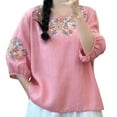 thumbnail image 1 of Vintage Linen Blend Half Sleeve Embroidered T Shirt For Women Loose Fit Summer Round Neck Top, 1 of 2