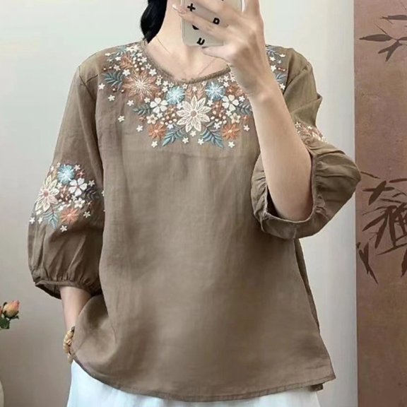 Vintage Linen Blend Half Sleeve Embroidered T Shirt For Women Loose Fit Summer Round Neck Top Woman Shirts Summer Loose Fit Athletic Tops for Women Long Sleeve Tees Women's Shirts Summer Womens Short