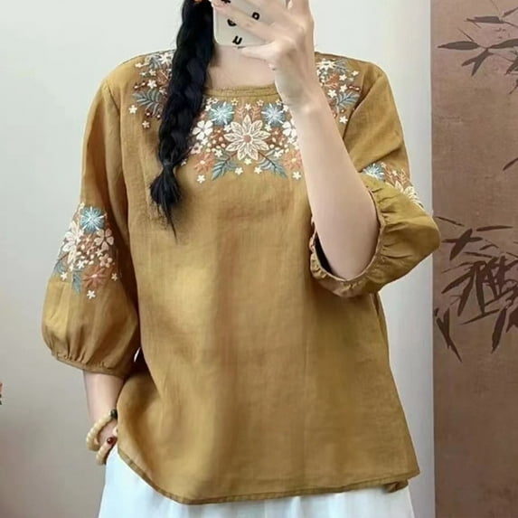 Vintage Linen Blend Half Sleeve Embroidered T Shirt For Women Loose Fit Summer Round Neck Top Woman Shirts Summer Loose Fit Athletic Tops for Women Long Sleeve Tees Women's Shirts Summer Womens Short