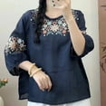 thumbnail image 1 of Vintage Linen Blend Half Sleeve Embroidered T Shirt For Women Loose Fit Summer Round Neck Top Woman Shirts Summer Loose Fit Athletic Tops for Women Long Sleeve Tees Women's Shirts Summer Womens Short, 1 of 3
