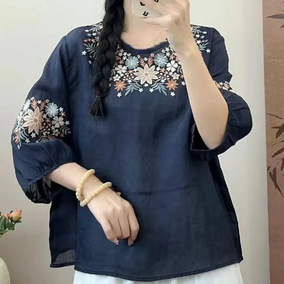 Vintage Linen Blend Half Sleeve Embroidered T Shirt For Women Loose Fit Summer Round Neck Top Woman Shirts Summer Loose Fit Athletic Tops for Women Long Sleeve Tees Women's Shirts Summer Womens Short