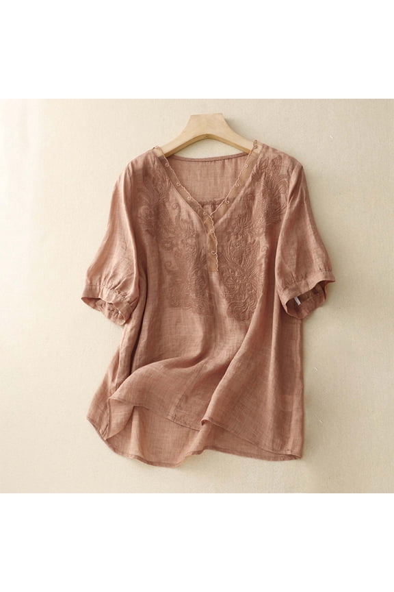 Vintage Linen Blouse For Women Summer Thin V Neck Short Sleeve Shirt Casual Loose Pullover Top Workout T Shirts Women Women T Shirts Summer Tech T Shirt Womens Tees Short Sleeve Long Sleeve Shirts