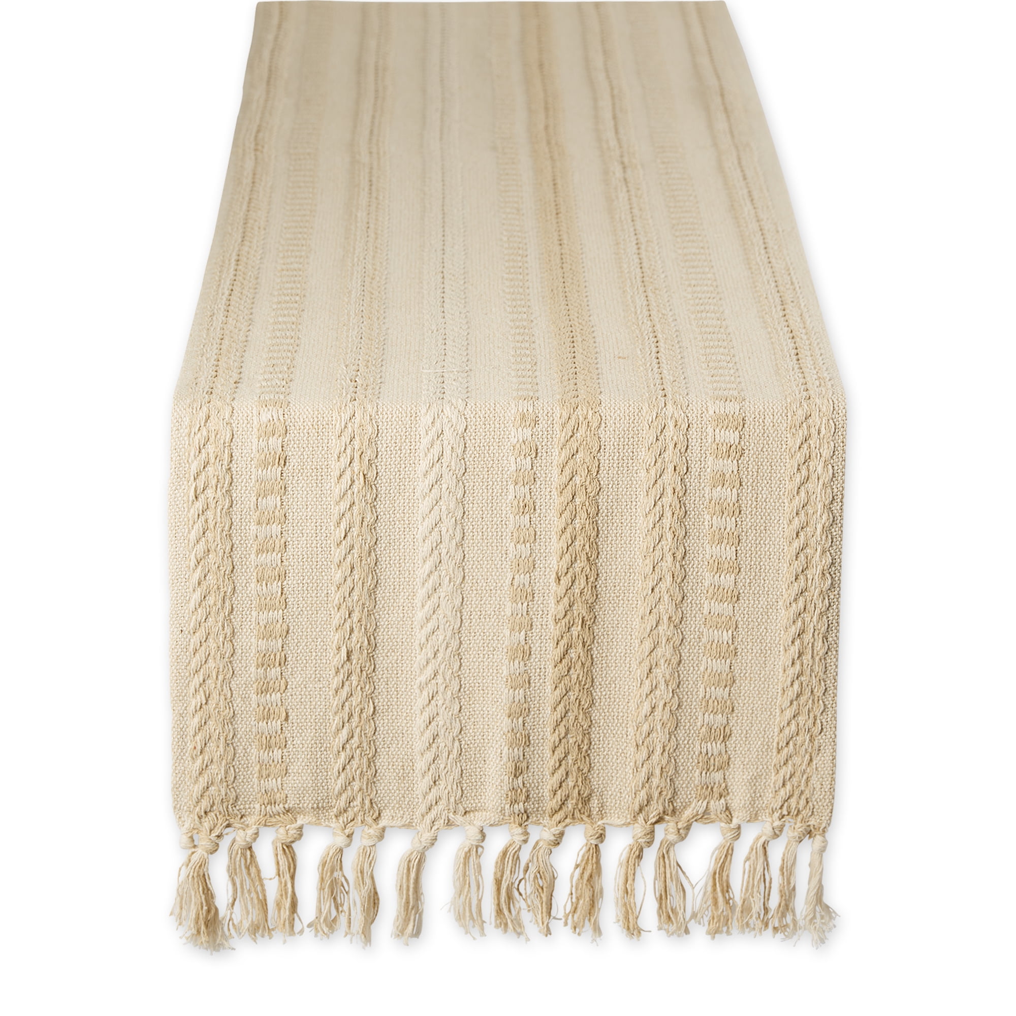 Vintage Linen Braided Cotton Stripe Table Runner with Fringe