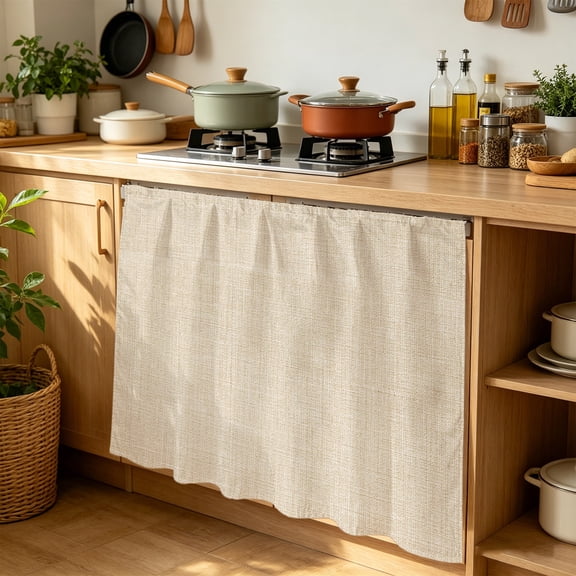 Vintage Linen Cabinet Curtains for Kitchen 35"W x 35"L, Pastoral Beige Linen Texture Farmhouse Laundry Sink Cabinets Magic Tape Short Curtain Privacy Panel for Bathroom Vanity Cabinets