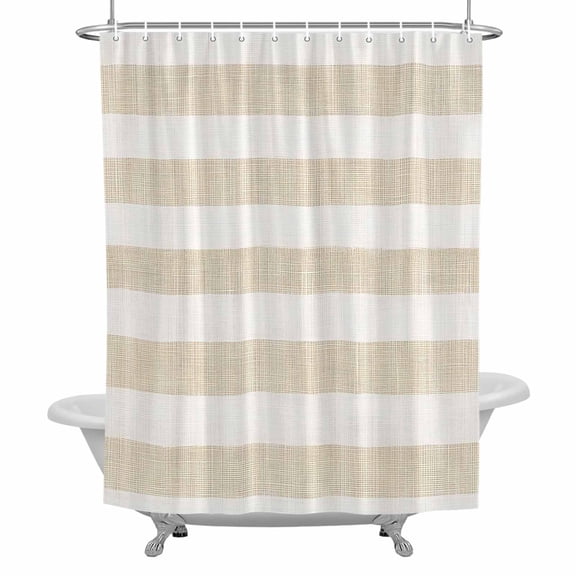 Vintage Linen Fabric Shower Curtain, Striped Beige Theme Farmhouse Bathroom Curtain with 12 Hooks Waterproof Machine Cloth Shower Curtain for Bathroom, Bathtub, Spa Room, 54x78 Inch
