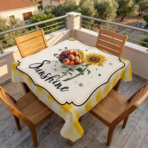 Vintage Linen Farm Sunflower Bee Table Cloth 60x60in, Waterproof Square Tablecloth Wipeable Tablecloths Buffalo Yellow Checkered Table Covers for Dining Tables Party Indoor Outdoor