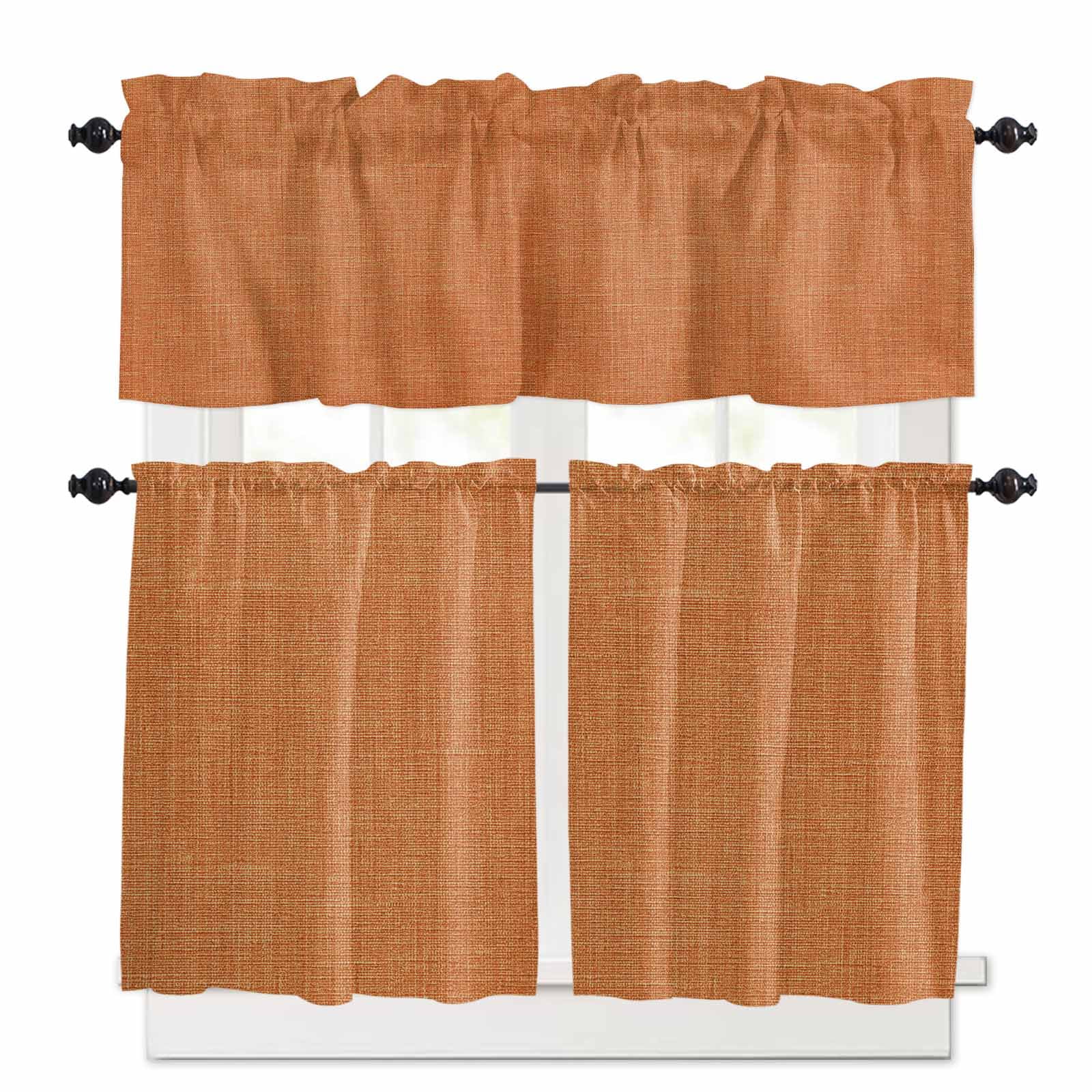 Vintage Linen Kitchen Curtains Valances and Tiers Pastoral Orange Linen Texture Fall Retro Tier Curtains and Valance Rod Pocket Valance Curtains Set 27.5"W x 24"L, 3pcs