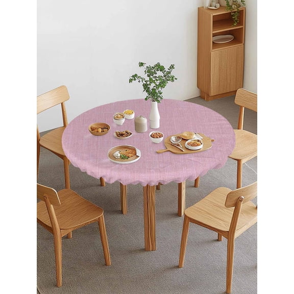 Vintage Linen Round Fitted Tablecloth with Elastic Edge, Pastoral Pink Linen Texture Farmhouse Waterproof Stretch Table Covers for 36"-44" Tables Wipeable Table Cloth for Outdoor