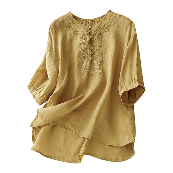 Vintage Linen Round Neck Embroidered Loose Half Sleeve T Shirt For Women Lightweight Linen Top