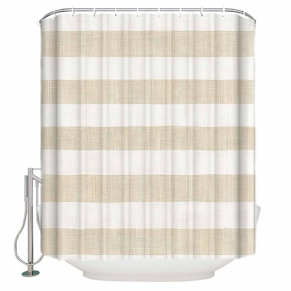 Vintage Linen Shower Curtain, 48" x 72", Striped Beige Theme Farmhouse Waterproof Bathroom Curtain Washable Shower Curtain Set with 12 Hooks
